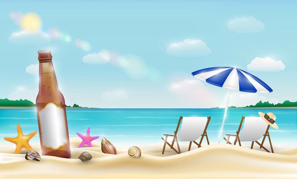 бутылка пива и морская морская звезда на морском песчаном пляже
 - Вектор,изображение