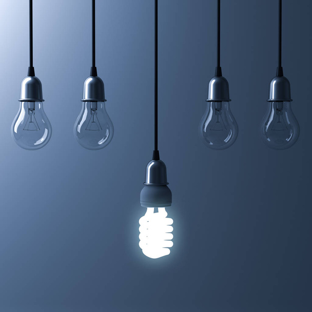 One hanging energy saving light bulb glowing different stand out from unlit incandescent bulbs with reflection on dark cyan background , leadership and different creative idea concept. 3D render - Photo, Image