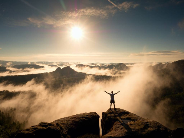 Szczęśliwy człowiek gest triumfu z rams w powietrzu na szczycie skały - Zdjęcie, obraz