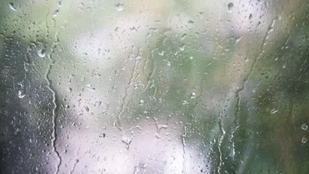 Primer plano de las gotas de agua en el vidrio. Gotas de lluvia sobre vidrio de ventana con fondo borroso. Árbol borroso y cielo. Días lluviosos, lluvia corriendo por la ventana, bokeh
 - Imágenes, Vídeo