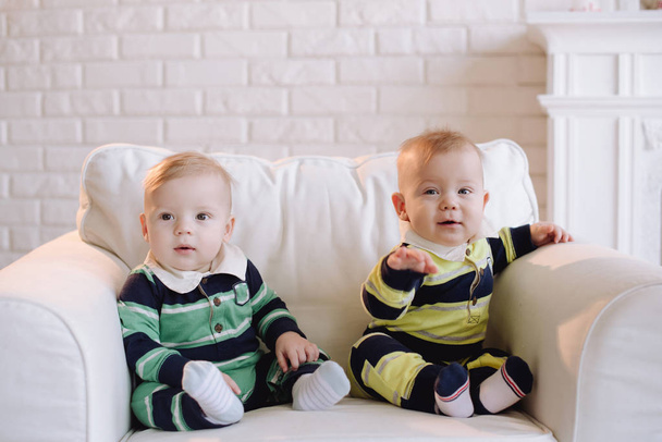 Dois bebês gêmeos, meninos sorridentes de oito meses, dois filhos gêmeos sorriem para a câmera
 - Foto, Imagem