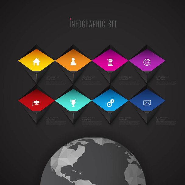 Infographic template with set of colorful icons above polygonal  - Vetor, Imagem