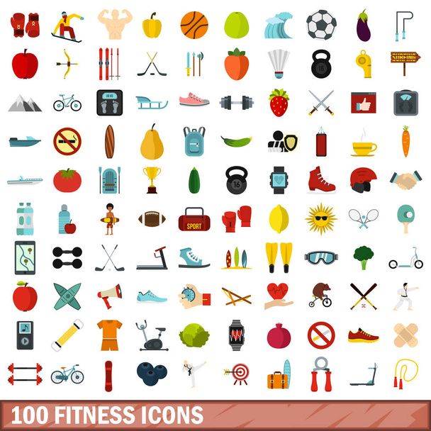 100 fitness simgeler kümesi, stil düz - Vektör, Görsel