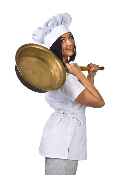 young woman in chef uniform with pan isolated on white  - Photo, Image