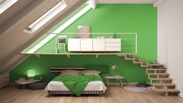 Loft mezzanine Scandinavische minimalistische slaapkamer, kleurrijke groene c - Foto, afbeelding