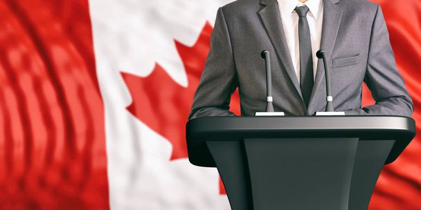 Lautsprecher auf dem Hintergrund der kanadischen Flagge. 3D-Illustration - Foto, Bild