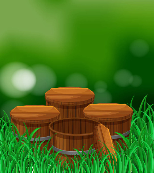 Четыре деревянных ведра в саду
 - Вектор,изображение