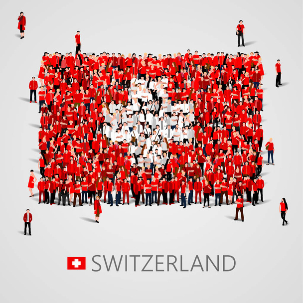 İnsanların İsviçre bayrağı şeklinde büyük grup. İsviçre Konfederasyonu. İsviçre kavramı. - Vektör, Görsel