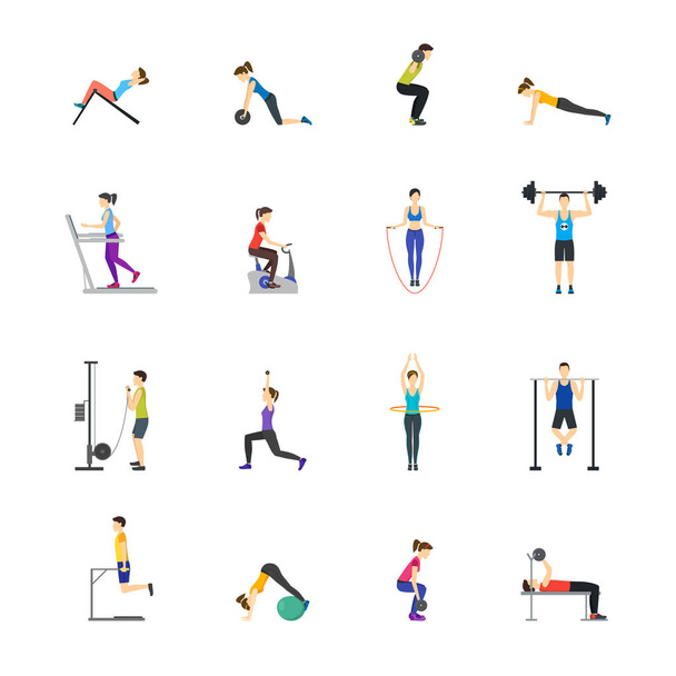 Cartoon Girl and Boy Workout Exercise in Gym Set. Vector - ベクター画像