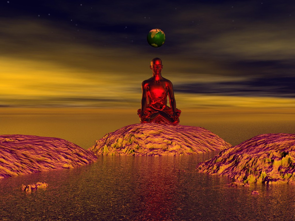 Buddha rot und Berge - Foto, Bild
