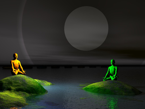maan grijs en mannen geel en groen - Foto, afbeelding