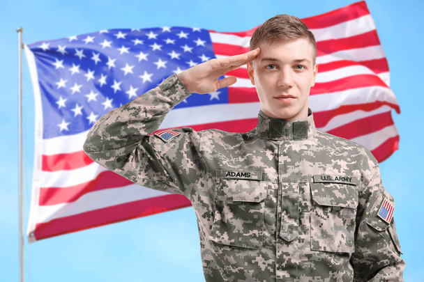 Soldier on USA flag background - Photo, Image