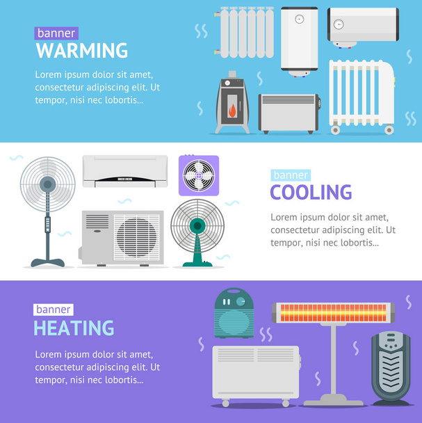 Heating, Cooling and Warming Devices Banner Card Horizontal Set. Vector - Vektor, obrázek
