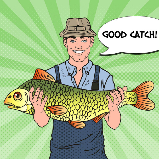 Pop Art usmívající se rybář s velkými rybami. Dobrý úlovek. Vektorové ilustrace - Vektor, obrázek
