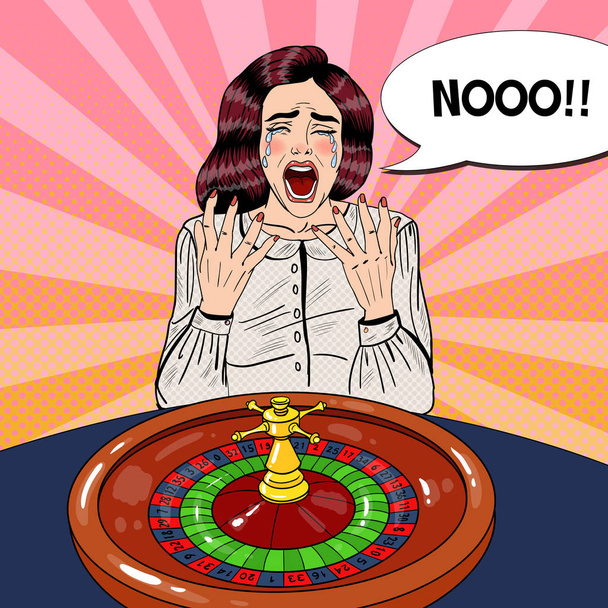 weinende Frau hinter Roulettetisch. Casino-Glücksspiel. Pop Art Vektor Retro Illustration - Vektor, Bild