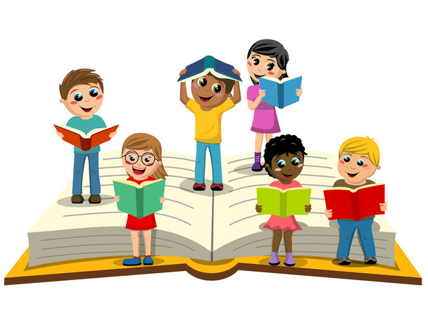 Πολυφυλετικές παιδιά ή παιδιά ανάγνωση μεγάλο άνοιγμα βιβλίου απομονωμένες - Διάνυσμα, εικόνα