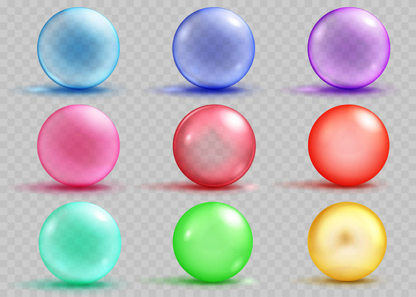 Set of transparent and opaque colored spheres with shadows - Vector, Image