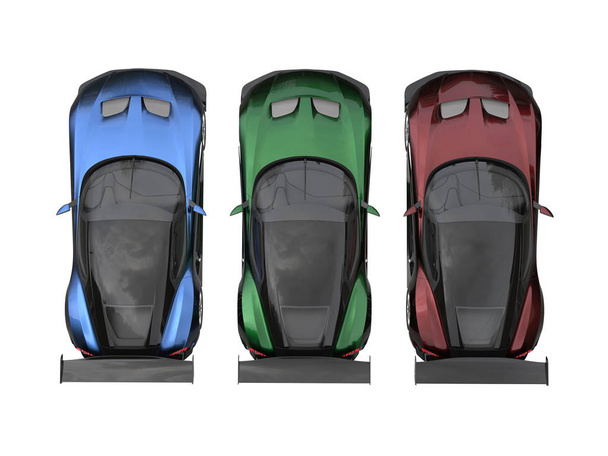 Nykyaikaiset metalliset urheiluautot - punainen, vihreä ja sininen - ylhäältä
 - Valokuva, kuva