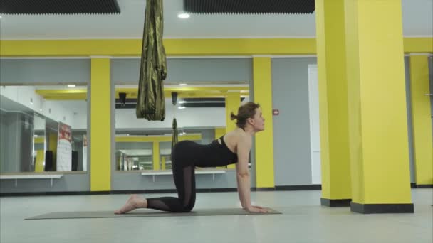 A woman in a yoga room performs an asana called gomukhasana - Footage, Video