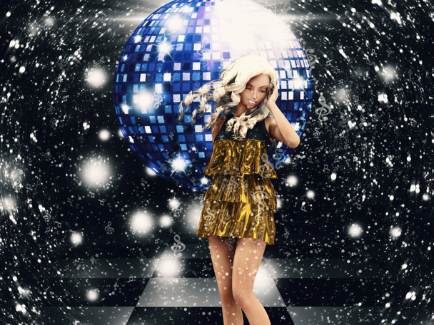 Girl in golden dress on disco - Фото, изображение