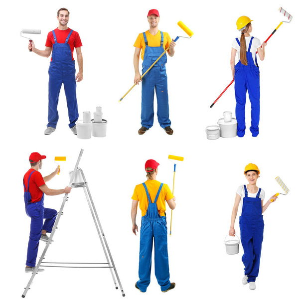 Team of decorators with professional equipment on white background - Photo, image