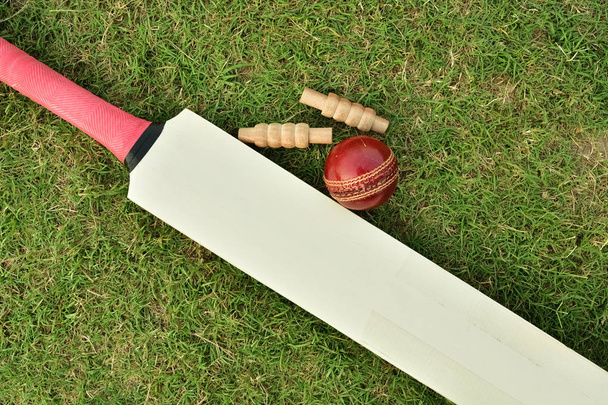 Morcego de críquete, bola e fianças
  - Foto, Imagem