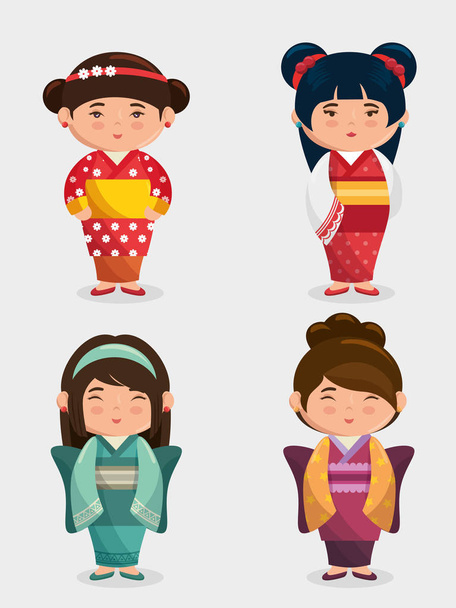 lindo japonés niñas grupo kawaii estilo
 - Vector, imagen