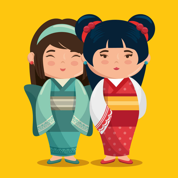 söpö japanilainen tytöt ryhmä kawaii tyyli
 - Vektori, kuva