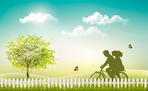 Spring nature meadow landscape with a bicycle and silhouette. Ve - Vector, Image