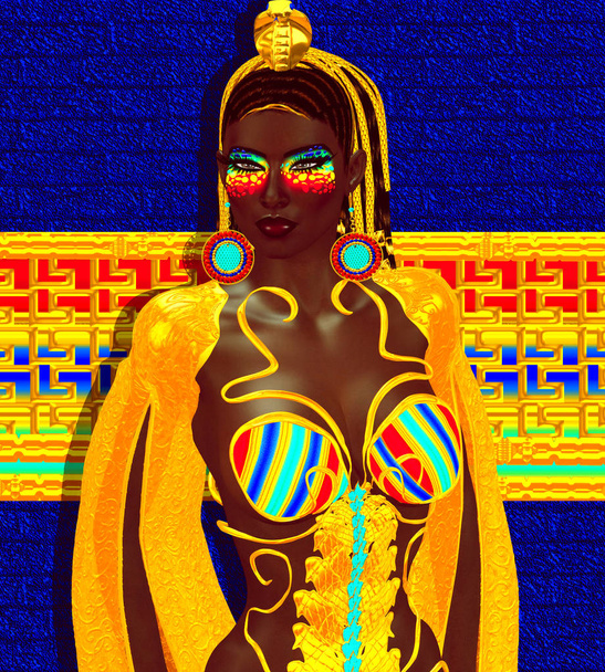 Reina egipcia, faraón o princesa en traje a rayas de colores con cosméticos de moda
 - Foto, Imagen