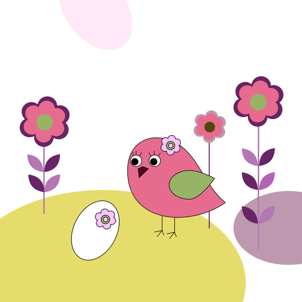 Pink bird with eggs and flowers - ベクター画像