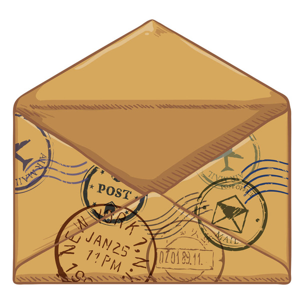 offener brauner Umschlag mit Briefmarken - Vektor, Bild