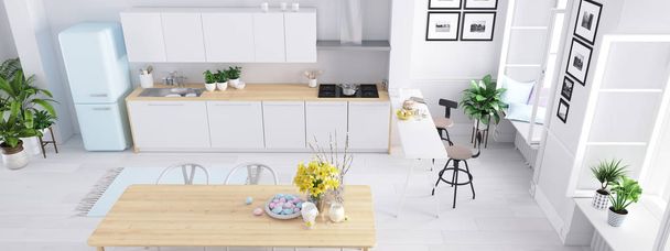 top view modern nordic kitchen in loft apartment. 3D rendering - Фото, изображение