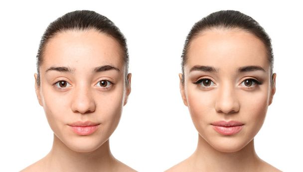 Young woman before and after makeup application on white background - Foto, immagini
