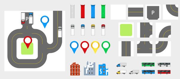 Cityscape σχεδιαστικά στοιχεία με το δρόμο, μεταφορές, κτίρια, καρφίτσες πλοήγησης. Οδικός Χάρτης διανυσματικά εικονογράφηση eps 10. Μπορεί να χρησιμοποιηθεί για την εικονογράφηση διάνυσμα, web site, infographics πρότυπο. - Διάνυσμα, εικόνα