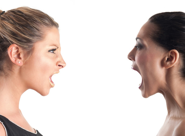 Mulheres gritando umas às outras contra fundo branco
 - Foto, Imagem