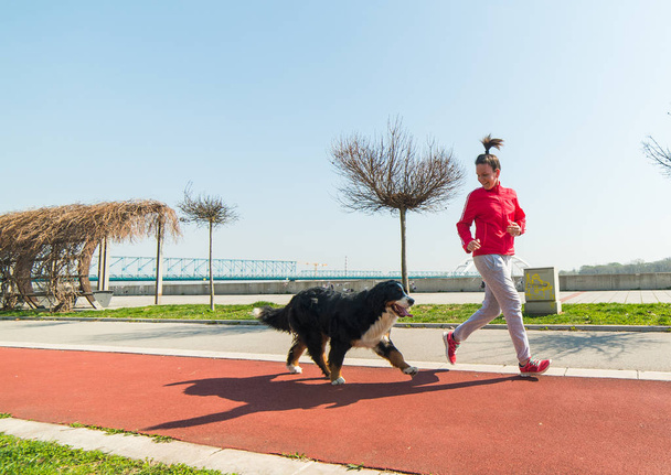 Joven chica bonita corriendo al aire libre con su perro de montaña bernés
 - Foto, Imagen