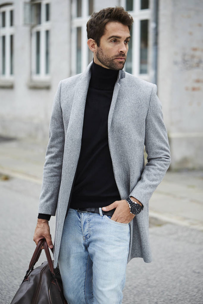 Handsome man in grey overcoat - Фото, изображение