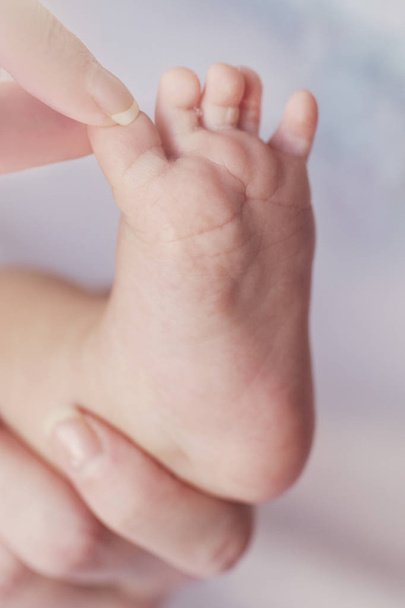 Closeup of mother hands holding cute tiny baby feet, showing baby foot - Zdjęcie, obraz