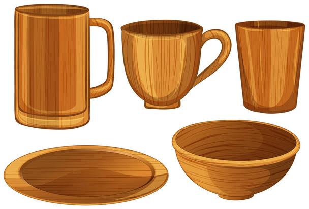 Wooden cups and plates - Vetor, Imagem