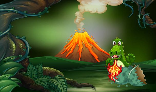 Vulkan-Szene mit Drache, der Feuer bläst - Vektor, Bild