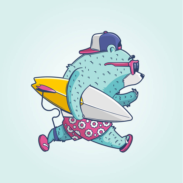 Lindo surfista oso de dibujos animados
 - Vector, Imagen