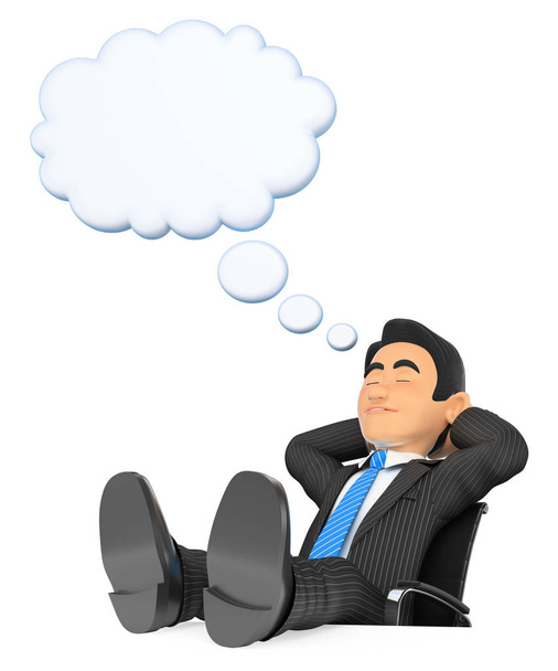 3D biznesmen spanie z nogi się i myślenia bubble - Zdjęcie, obraz
