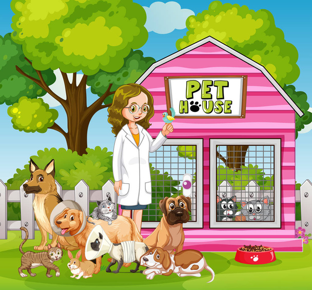 Жіночий ветеринар і багато домашніх тварин
 - Вектор, зображення