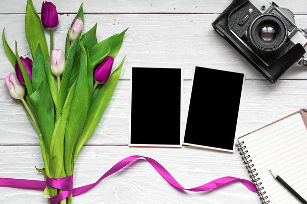 lege fotolijsten, vintage retro camera en paarse tulip bloem - Foto, afbeelding