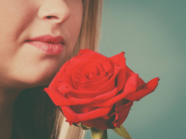 赤の顔に近いバラを保持しているクローズ アップ女性. - 写真・画像