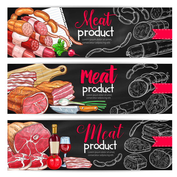 Баннер с мясной колбасой для дизайна барбекю
 - Вектор,изображение