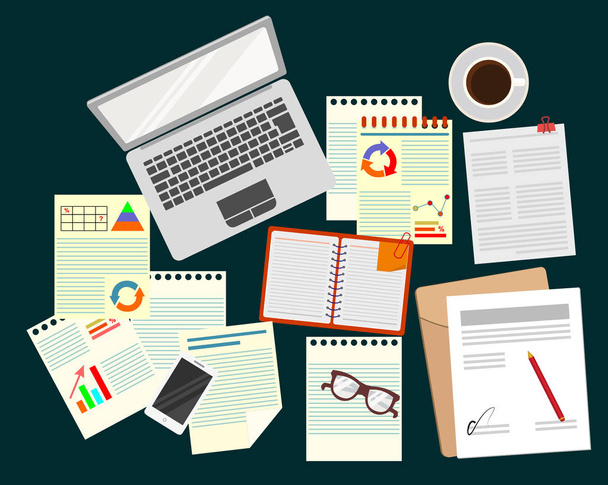 Analyst. Business. Study the business strategy. Office. Realistic workplace organization. Laptop, papers, glasses, coffee, charts, and graphs. The view from the top. Vector illustration. - Vector, Image