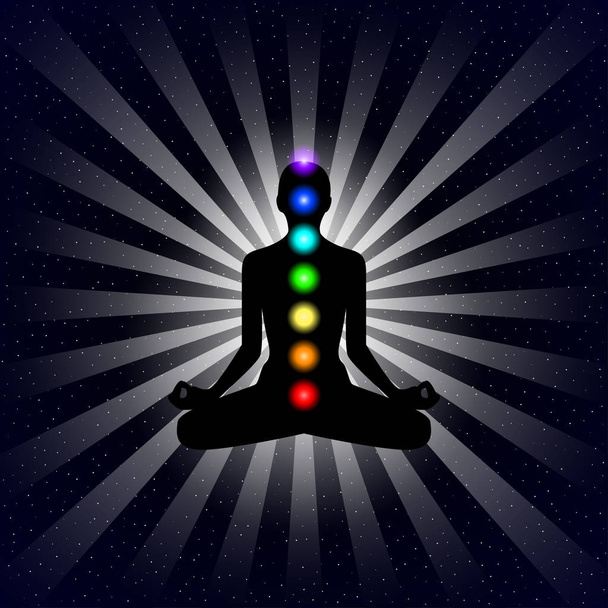 Vector meditation design concept. Silhouette in lotus position with seven chakras over night sky background. - Vector, Image
