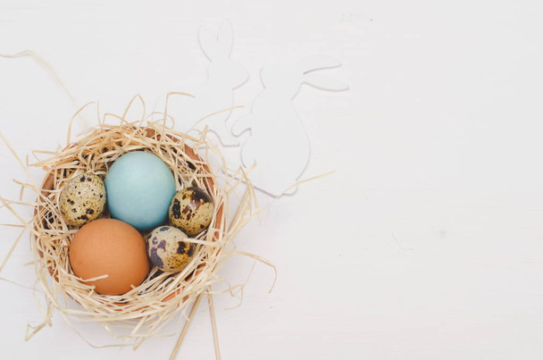 Pollo de Pascua y huevos de codorniz en un nido sobre fondo gris y blanco
 - Foto, Imagen
